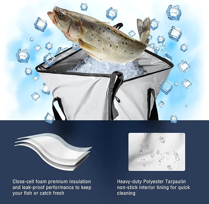 Buffalo Gear Insulated Fish Cooler - Leakproof Kill Bag with 2 Reusable Cooler Ice Packs - Portable Waterproof Zipper