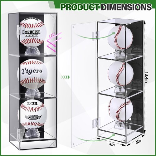 Threehoney 3 Baseball Display Case Cabinet Wall Mount Clear Acrylic Ball Shadow Box for Baseball Tennis Ball Box with Removable Ball Stand Holder Collector Memorabilia Autograph Display Box