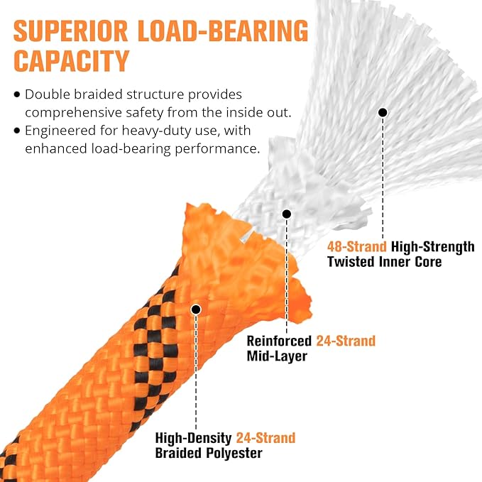 Double Braided Arborist Rigging Rope - 1/2 in X 220 ft 48 Strands Outdoor Pulling Heavy Duty Polyester Bull Rope for Swing Tree Work Camping Rescue Hiking Logging - Orange
