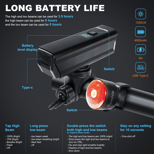 KUNHE 1200 High Lumens 4500 mAh Super Bright USB-C Rechargeable Bike Headlight & Tail Light Set Aluminium Alloy Super Bright Bike Light for Night Riding