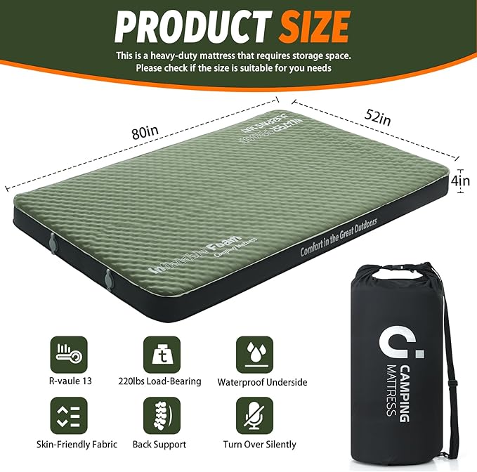 CYMULA Self Inflating Double Sleeping Pad, 4in Ultra-Thick Foam Camping Mattress 2 Person with Air Pump Sack Floor Bed for Adults Inflatable Sleeping Mat Camping Essentials for Travel, Army Green