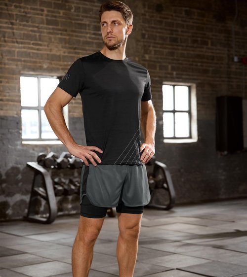 SILKWORLD 2 Pack Men's 2 in 1 Running Shorts Stretch Athletic Workout Gym Compression Shorts with Pockets, Black/Dark Grey, Large