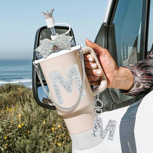 8Pcs Silvery Stanley Cup Accessories Set for Stanley Cup 30&40 Oz Tumbler - Silicone Straw Cover Cap and Boot, Handle Letter Charm, Bow Decoration Initial Sticker, Diamond Water Bottle Handle Strap(M)