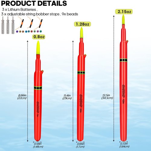 QualyQualy Lighted Fishing Floats, Weighted Floats Catfish Pole Floats LED Lighted Bright Bobber Wood Pole Fishing Float for Big Bait 7IN 10IN 12IN, 3PCS (B-Red Lighted Pole Float, 7''-3Pcs)