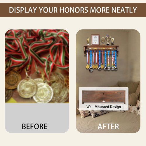IHEIPYE Solid Wood Medal Hanger Display Shelf Medal Holder, Wall Mount Medal Rack Display Holder for Runners, Marathon, Race Winner,Soccer, Football, Gymnastics & All Sports-Walnut