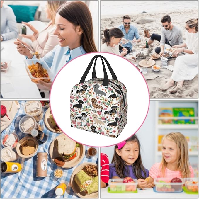 Giwawa Dachshund Floral Lunch Bag- Weiner Dog Flowers Insulated Reusable Lunch Box- Kids Thermal Cooler Lunch Tote Handbag for Women Girls Men Boys Travel