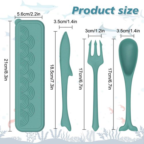 Reusable Travel Utensils Set with Case, Ocean Themed Plastic Cutlery Set Fork and Spoon Set for Lunch Box Accessories, Portable Flatware Utensil Set for Daily Use or Outdoor (gray + dark green)