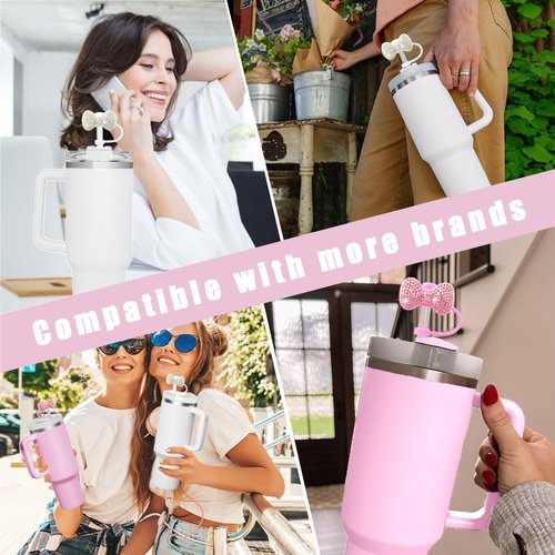 SEMATA 2PCS Cute Bow Straw Cover Cap for Stanley Cup Accessories,Bling Crystals Straw Toppers for Stanley Tumbler 40&30 oz,Rhinestone Reusable Straws Tips Protectors Compatible with 10mm Straws