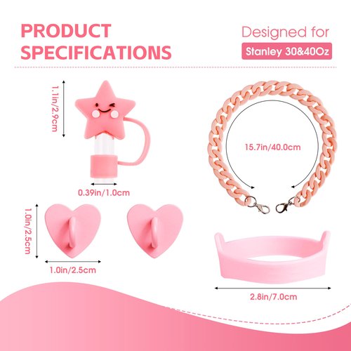 WINOWIMO 8 Pcs Pink Accessories Set for Stanley Cup 30 oz 40 oz, Silicone Glitter Boot, Star Straw Cover, Pom-Pom Charm, Letter Charm, Water Bottle Handle, Initial Sticker for Stanley Tumbler (M)