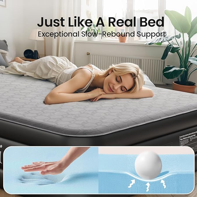 OhGeni 18" Luxury Queen Air Mattress with Built-in Pump, Inflatable Bed with Silk Foam Topper for Superior Comfort, Premium Blow-Up Mattress for Home, Camping & Guest, Easy Setup, Extra Support, Black