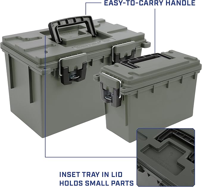 Sheffield 12713 2-Pack Combo Ammo Storage Boxes, .30 Cal and .50 Cal Field Boxes, Water and Dust Resistant, Lockable Storage Box with Handle for Hunting Gear and Bullets, Made in the USA, Green