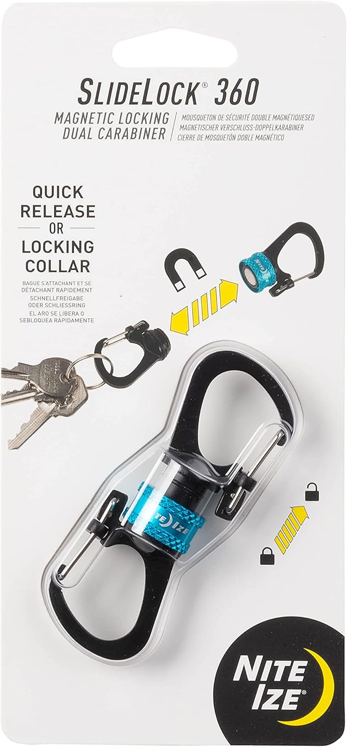 Nite Ize SlideLock 360 Degree Magnetic Locking Dual Carabiner - S-Biners with Twist-to-Lock Collar - Magnetic Carabiner Keychains for Keys, Camping Accessories & More - Blue