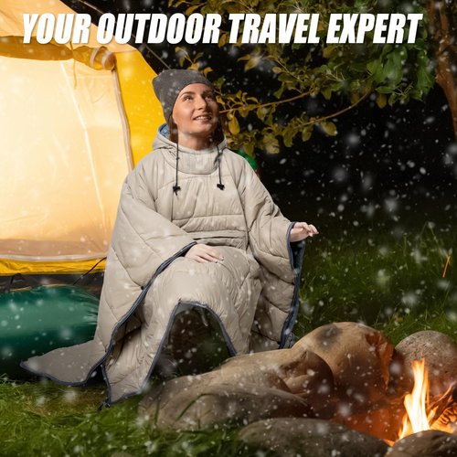 Buylaunch Sleeping Bag Wearable Hooded Blanket - Envelope Lightweight Thermal Cloak Cape Windproof with Premium Stuff Compression Sack for Backpacking Hiking Hunting Fishing Outdoor Sport，Khaki