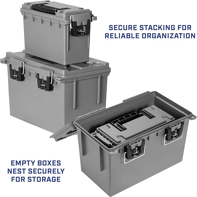 Sheffield 12755 2-Pack Combo Ammo Storage Boxes, .30 Cal and .50 Cal Field Boxes, Water and Dust Resistant, Lockable Storage Box with Handle for Hunting Gear and Bullets, Made in the USA, Gray