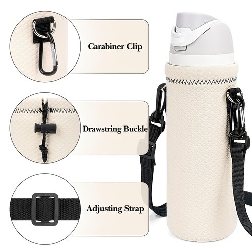 Linkidea Water Bottle Carrier with Strap Compatible with Owala FreeSip 24oz, Twist 24oz, Potter 24oz Water Bottle, Neoprene Waterbottle Sling Bag Holder, Shoulder Strap, Off White