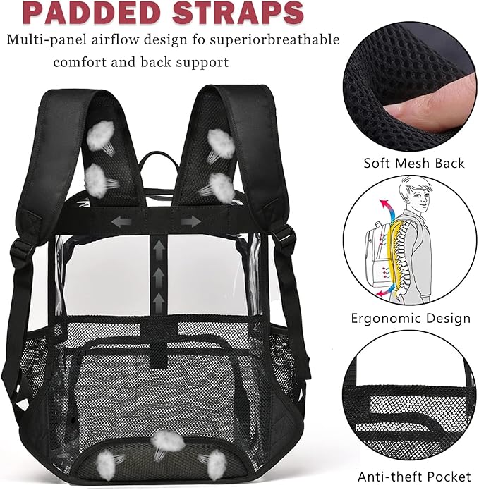 Clear Backpack, 15'' Clear Backpacks for School Heavy Duty See Through Bookbag Multi-pocket PVC Backpack for Men Women, Navy Blue