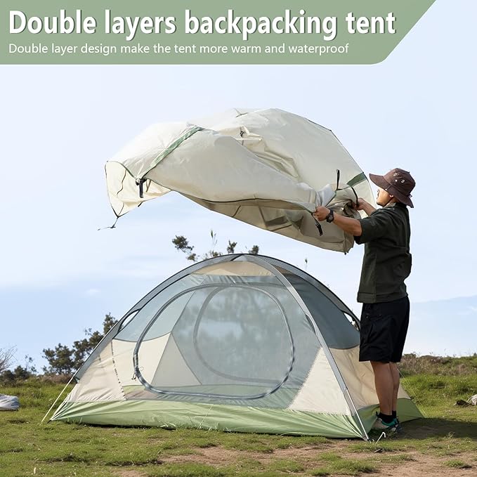 BISINNA 2 Person Camping Tent Lightweight Backpacking Tent Waterproof Windproof Two Doors Easy Setup Double Layer Outdoor Tents for Family Camping Hunting Hiking Mountaineering Travel