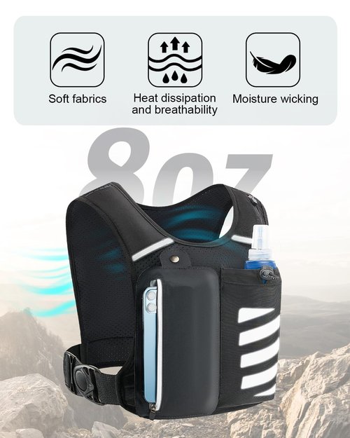 Reflective Running Vest with Water Bottle Phone Holder for Women/Men, Hydration Gear Back Pack/Backpack, Light Weight Chest Bag Run Essential Accessory for Marathon Runner Walking Trail Rucking, Black