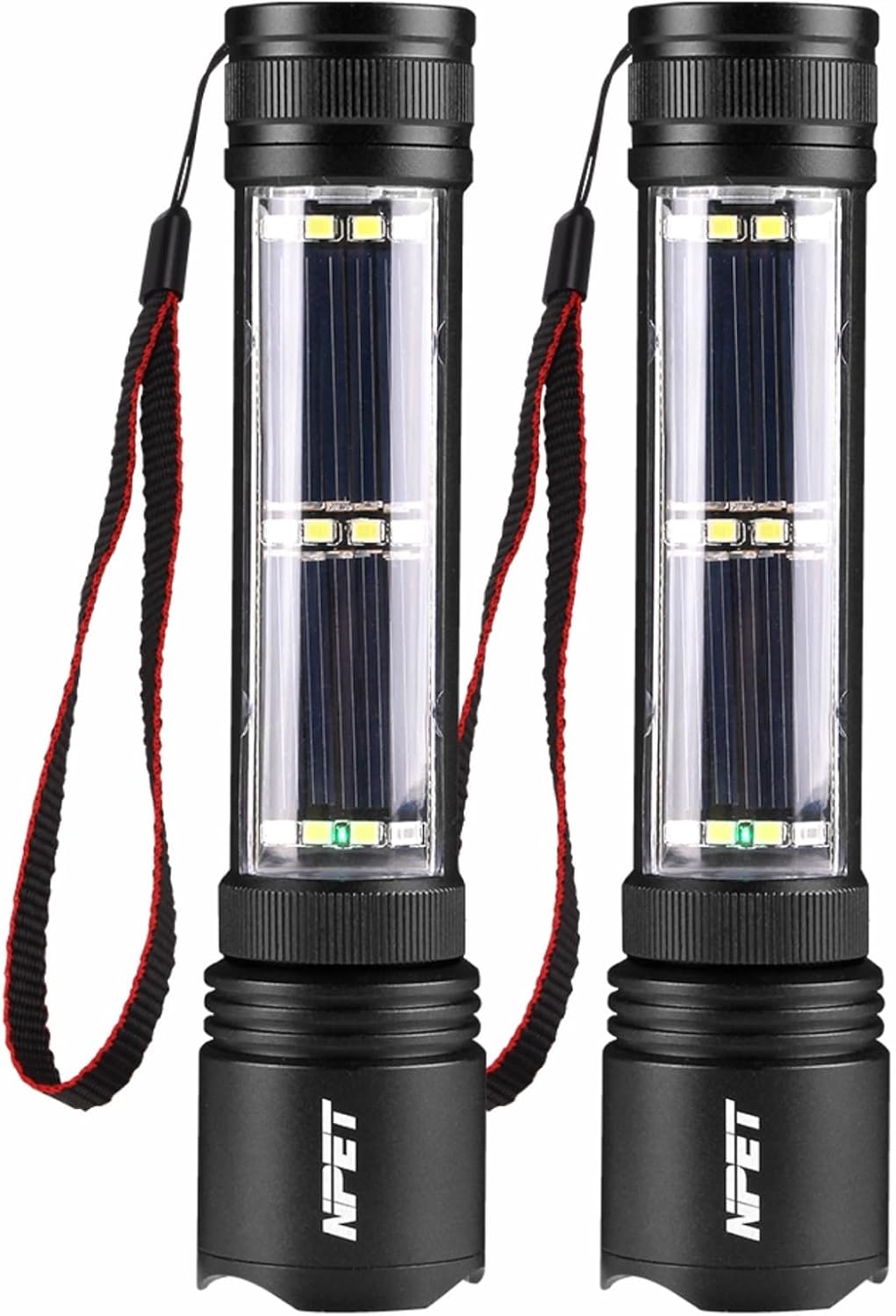 NPET T10 Car Flashlight 500 Lumens LED COB Light Solar Powered USB Rechargeable Tactical Multi-Function Torch Tool with 120dB Siren Window Breaker Seat Belt Cutter Compass for Camping