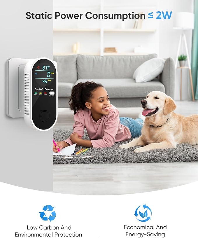 Carbon Monoxide Detectors & Natural Gas Detector, 4-in-1 Carbon Monoxide Detectors Plug in, Gas Leak Detector with Dual Alarms, Temperature & Humidity Sensor for Home, RV Essentials, Black, 2 Packs