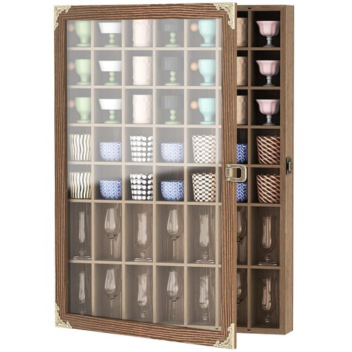 usego Shot Glass Display Case with Door 49 Slots Rustic Shot Glasses Storage Case Wall Mounted Shot Glass Shelf Holder Wooden Display Box with Hinged Acrylic Door,Brown