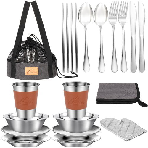 Camping Mess Kit - 1 to 2 Persons Camping Dishes Includes Cups Bowls Dishes Knives Forks Spoons, Etc, Camping Cutlery Set with Mesh Bag is Easy to Carry for Backpacking, Camping, Hiking and Picnics