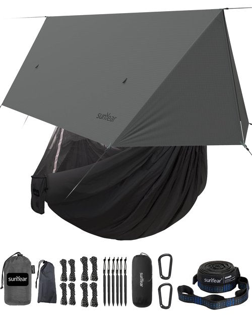 Sunyear Camping Hammock with Net and Hammock Tent Rain Fly Bundle - Perfect for Hiking, Backpacking, Outdoor Sleeping and Camping Survival
