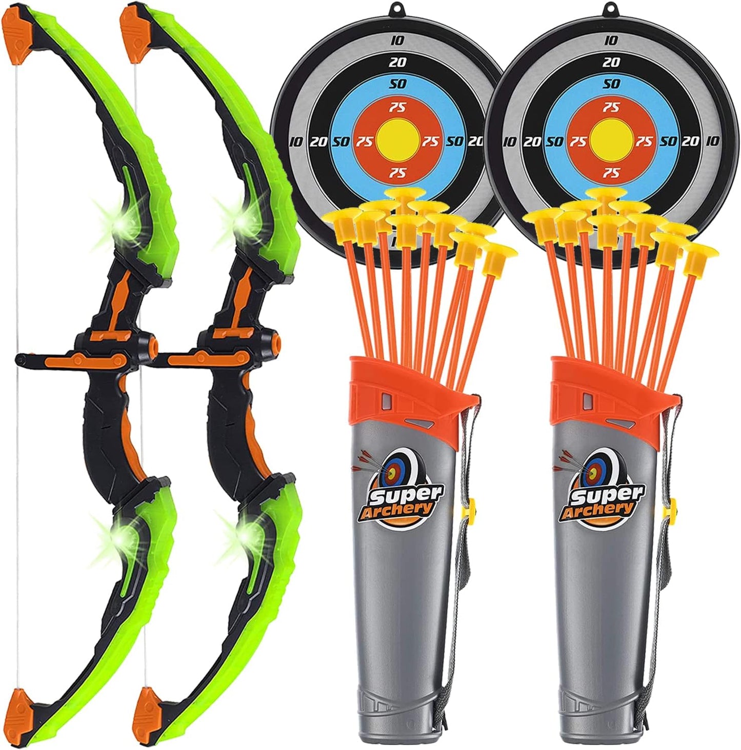 ToyVelt Kids Bow and Arrow Set - Light-Up Archery Set with 6 Suction Arrows, Target and Quiver - Outdoor and Indoor Toy for Boys and Girls Ages 4-12 (Green)