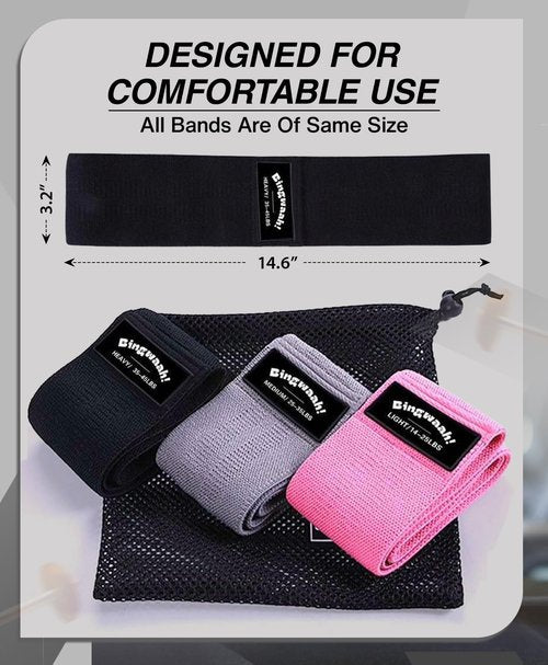 Bingwaah Fabric Resistance Bands for Women and Men - Set of 3 Mini Loop Bands with Adjustable 14-45 lbs Resistance, Lightweight, Compact with Travel Bag - Ideal for Endurance, Strength, Yoga & Pilates
