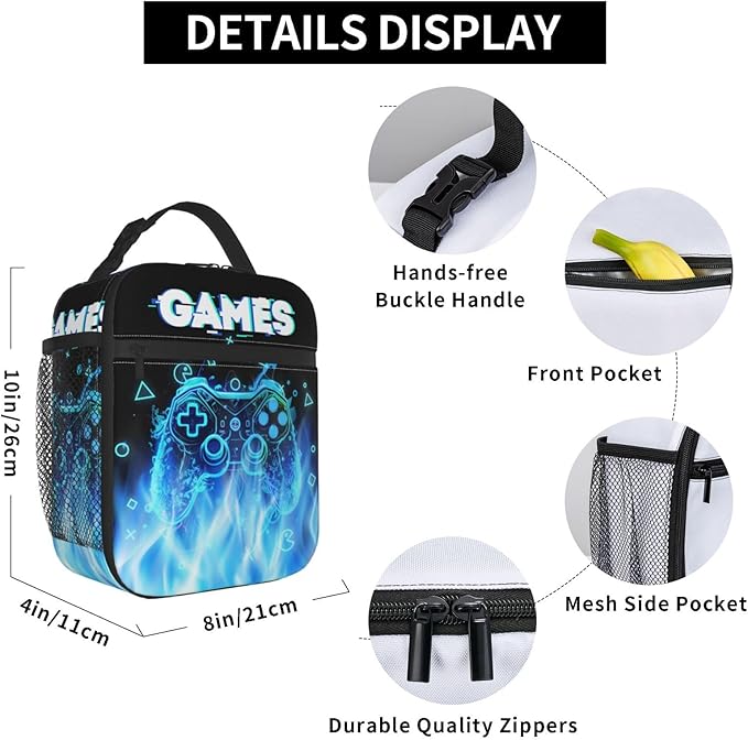 Blue Video Games Joystick Gamer Lunch Bag For Boys Kids Fun Reusable Lunch Box Insulated Meal Bags Portable Lunch Tote For Girls School Men Work Travel