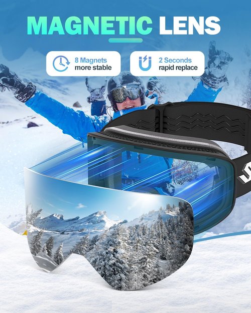 Snowalva Ski Goggles, Frameless Snowboard Goggles with 2 UV400 Magnet Ski Lenses for Men & Women (Silver(vlt 9%) + Clear (Vlt 83.5%))