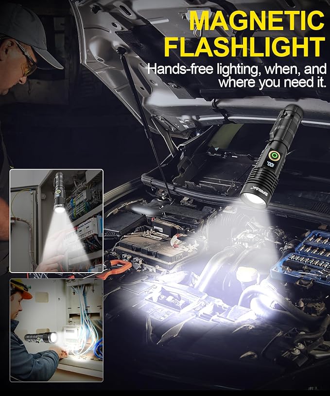 Rechargeable Flashlight High Lumens-12000LM Super Bright Magnetic Flash Light with Power Digital Display,3280Ft Long Range,Dimmable,Waterproof,Pocket Tactical LED Flashlights for Emergency Camping 2PC