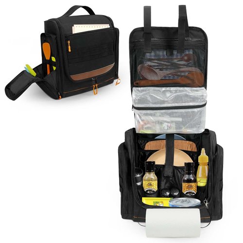 ORKELS Camping Organizer Hanging Tactical Camping Cookware Bag – Utensil Organizer with Towel Holder & Multiple Pockets for RV, Tent, Camper, Grilling