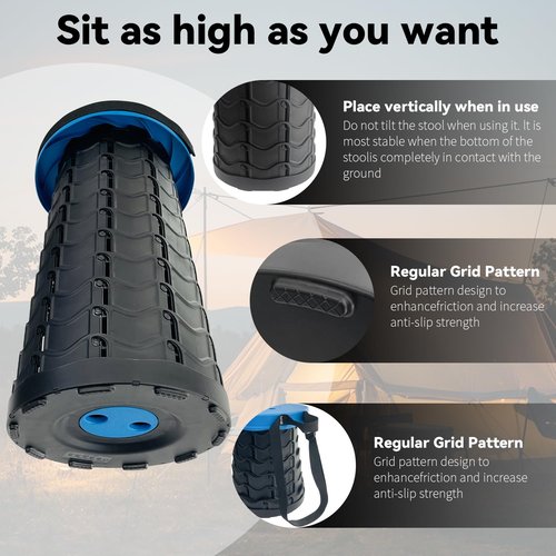 SUGOOE Collapsible Portable Stool, 440lbs Load Capacity Folding Stool with Adjustable Height, Carrying Strap - Telescoping Camping Stool for Camping, Hiking, Fishing, Travel, BBQ (Black)