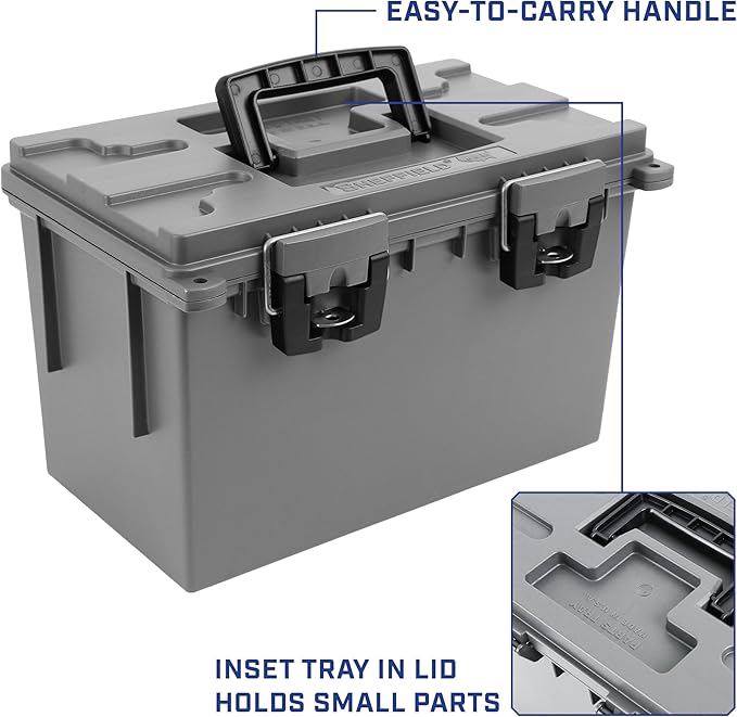 Sheffield 12766 4-Pack XL Ammo Storage Box, Stackable .50 Cal Field Boxes, Water and Dust Resistant, Lockable Storage Box with Handle, Heavy Duty Protection for Hunting Gear, Made in the USA, Gray
