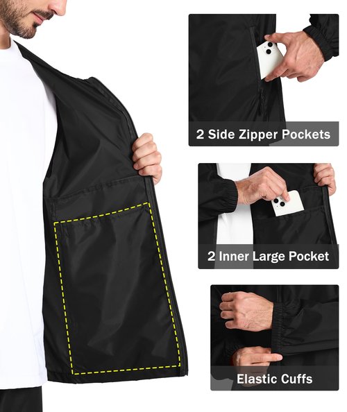 ZITY Mens Rain Jacket Waterproof with Hood Lightweight Raincoat for Golf Hiking Camping Cycling Black XL