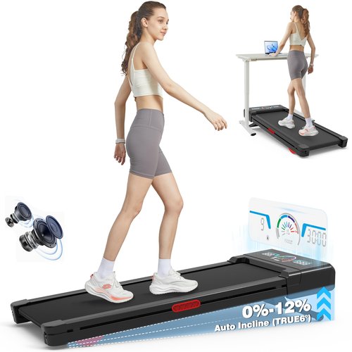 Walking Pad Treadmill with 12% 9-Level Auto Incline, 450 lbs Capacity RGB LED Screen, Bluetooth Speaker Under Desk Treadmill, Compact Treadmills for Home Hiking, Black