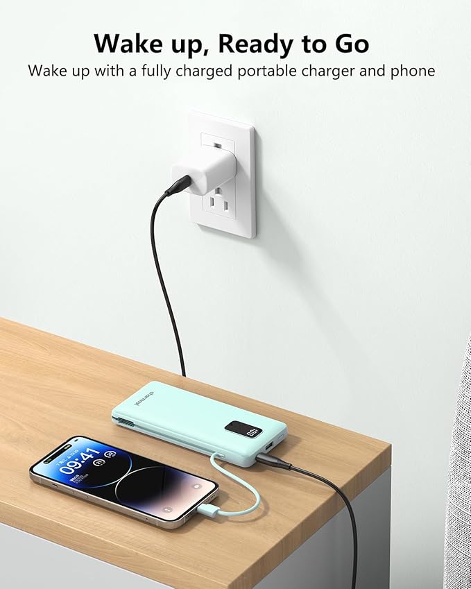 Charmast Portable Charger with Built-in Cables and Plug, 10000mAh USB C Power Bank Fast Charging 15W, External Battery Pack Slim, Travel Essentials Compatible with 16 15 14 13, Samsung Galaxy, iPad