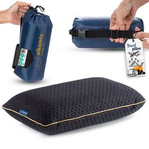alkamto Travel & Camping Comfortable Memory Foam Pillow – Easy to Carry Portable Bag – Temperature Regulating Pillow Case (Black)