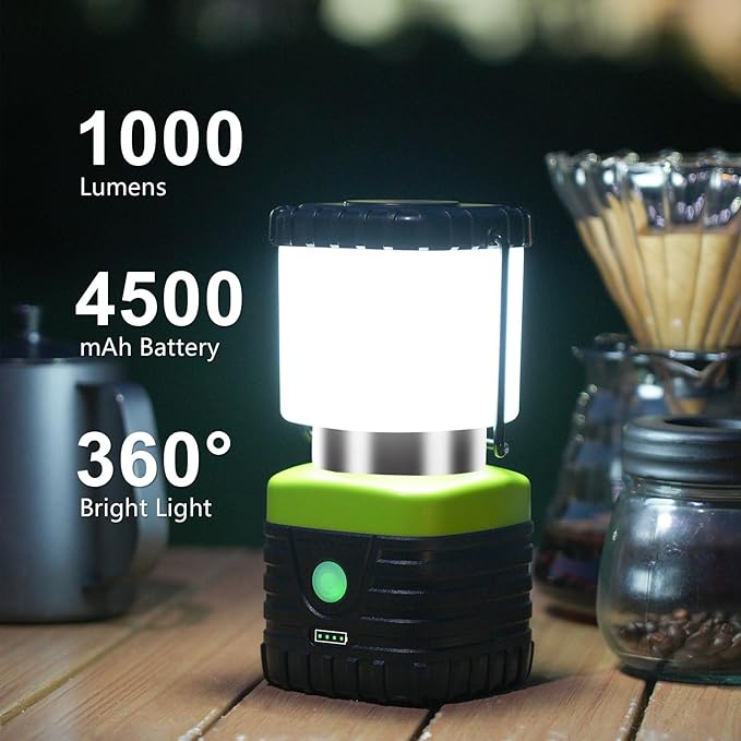 2PCS 6500K White Light LED Camping Lantern Rechargeable 1000LM, 4500mAh Power Bank, Flashlight for Hurricane Emergency, Hiking, IP44 Waterproof Lantern(Green)