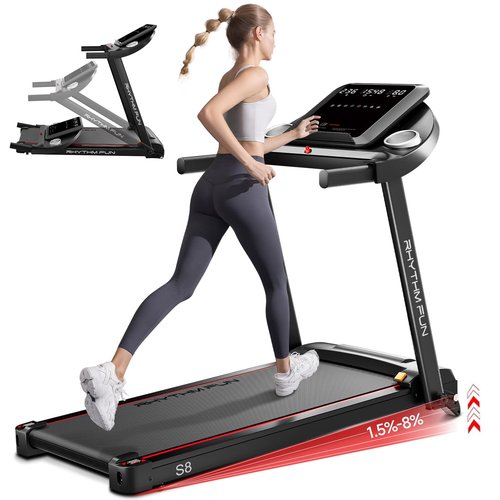 RHYTHM FUN Treadmill with Incline, 8.0 MPH Treadmills for Home with 8% Incline, Foldable Treadmill with Handles, Low Noise Walking Pad for 300 lbs