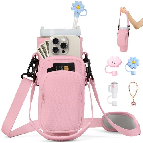 Stanley Cup Accessories, Include 3Pcs Straw Covers & Butterfly Chain & Stanley Cup Holder, 3D Embossing Neoprene 40 Oz Stanley Cup Carrier with Strap, Water Bottle Carrier Bag with Phone Pocket