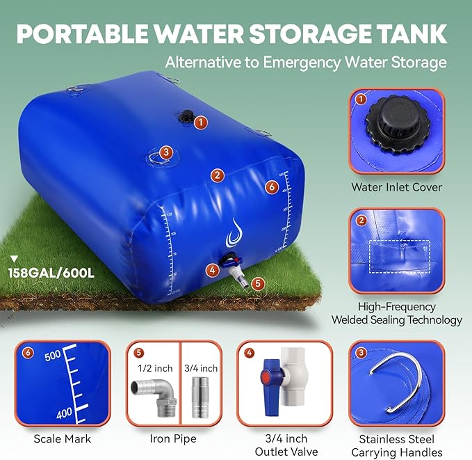 LANUEVA 158 Gal/600L Portable Water Storage Bladder, 1000D PVC Foldable Water Tank with Spigots and Overflow Kit, Water Storage Containers for Emergency Water, RV, Irrigation&Camping (Blue, 600L)