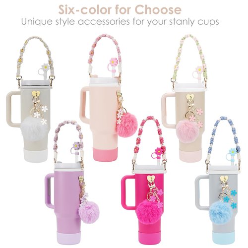 7Pcs Accessories Set for Stanley Cup 40 oz 30 oz, Water Bottle Handle Strap, Siliocne Cup Boot, Flower Straw Cover, Charms for Stanley - Light Pink