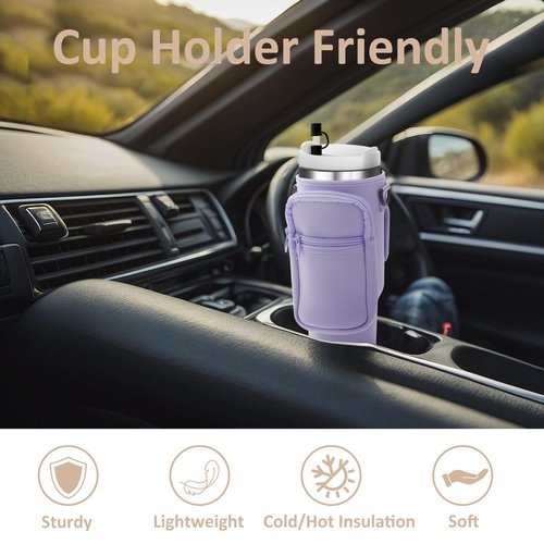 Water Bottle Holder Bag with Strap for Stanley 40 oz 30 oz Tumbler Insulated Cup Sleeve Sling with 2 Pockets & Straw Cap for Stanley Cup Accessories-Purple