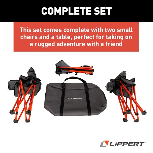 Lippert Baja Overlanding 3-Piece Chair & Table Set, 600-Denier Polyester Folding Chairs, Dual Cupholders, Innovative Scoop for Ultimate Comfort, Fold-up Convenience - 2023053719