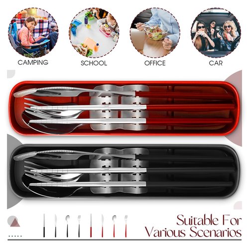 Kritkin 2 Sets Travel Cutlery Set 18/8 Stainless Steel Cutlery 6 Pcs Reusable Utensils Set with Case Portable Silverware Lunch Box for Camping School Office(Silver, Red, Black)