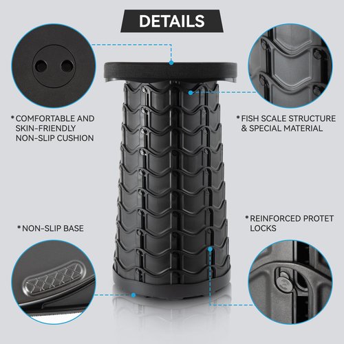 Geavo Square Collapsible Stool with 3-in-1 Carry Bag, Adjustable Retractable Portable Stool Max Load 360lbs, Foldable Stool with Cushion & Beverage Holder, Camping Stool for Fishing Hiking (Black)