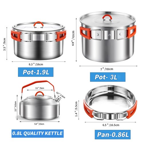 Camping Cookware Set,Camping Cooking Set,304 Stainless Steel Camping Pots and Pans Set,Camping Gear for Hiking Outdoor Cooking Picnics for 2-4 People