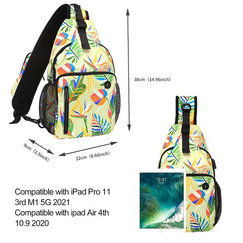 MOSISO Sling Backpack Bag, Crossbody Shoulder Bag Travel Hiking Daypack Colorful Art Plant Leaves Chest Bag with Front Square Pocket&USB Charging Port, Yellow